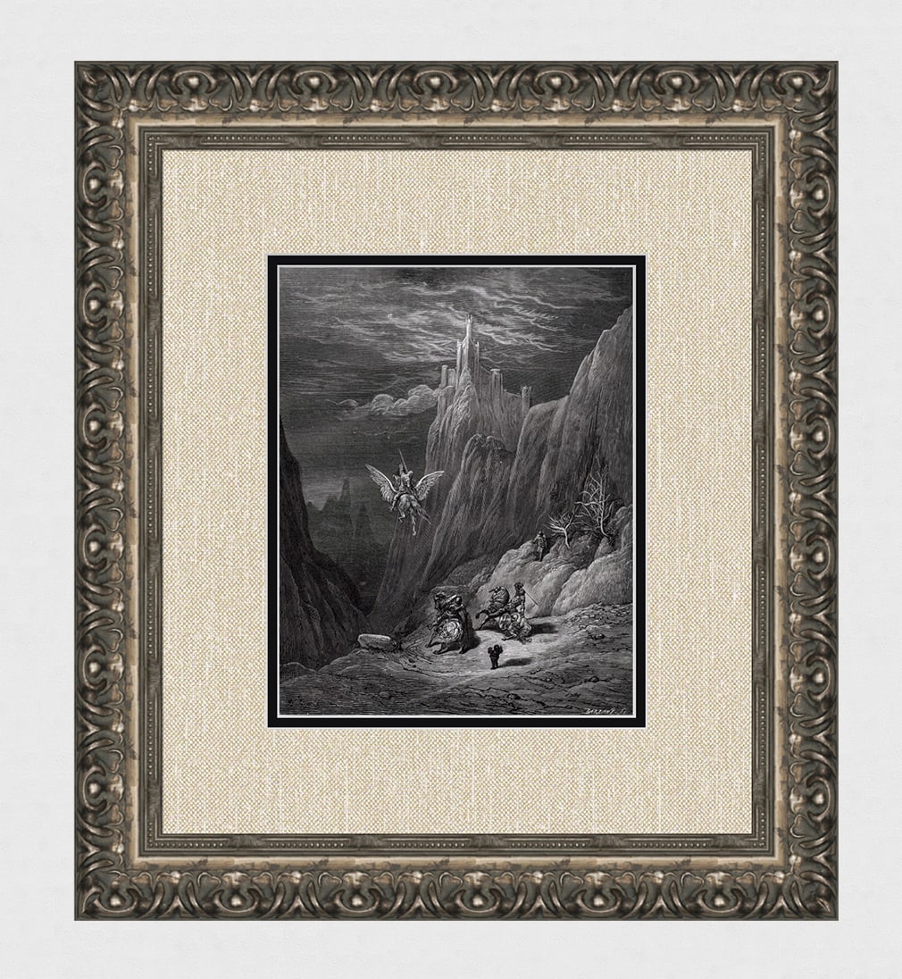 DORE 1800s Woodcut The Rider of the Hippogriff Battles Gradas FRAMED SIGNED: Gustave Dore (Paul Gustave Louis Christophe Dore )(French, 1832-1883). The rider of the Hippogriff battles Gradasso and Ruggiero as Pinabello watches. (From Orlando Furioso). Antique woodcut on wove p