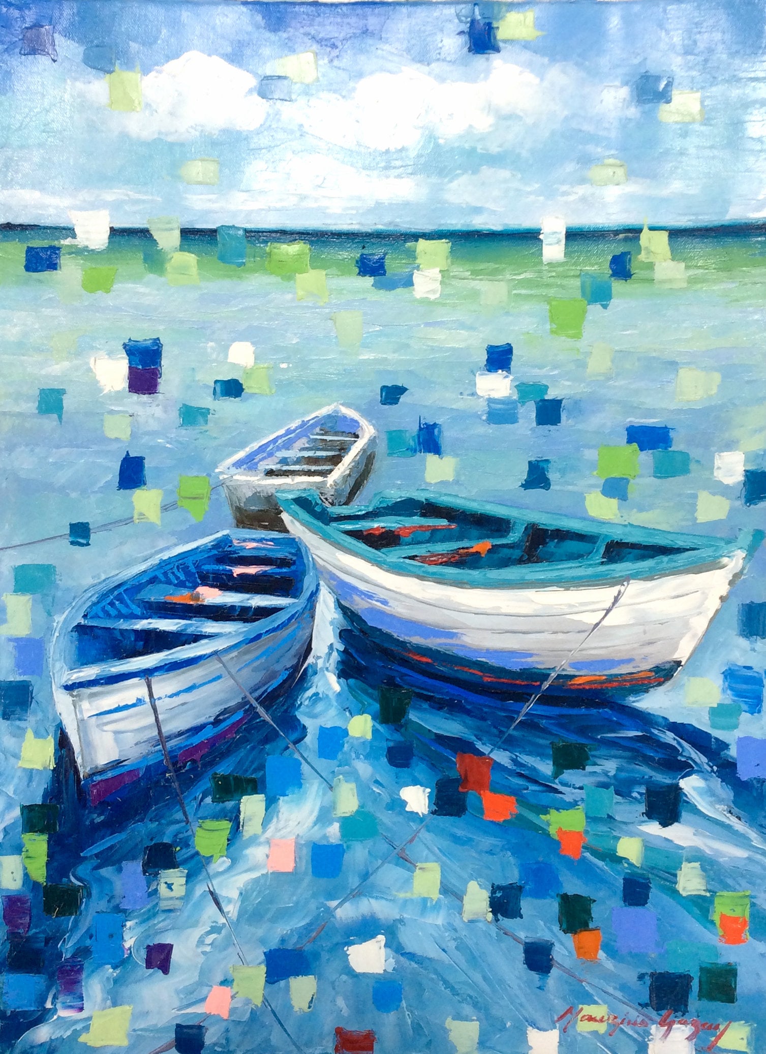 Mauricio Garay Original Painting Rowboats Framed: Mauricio Garay. Boats of Color VII. Original oil painting on canvas. Canvas Size 16 x 22 inches. This piece has been professionally matted and framed using all new materials. Mauricio Garay began to a