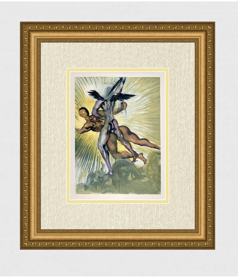 1960 Salvador Dali Guardian Angels Authentic Woodcut: Salvador Dali. (1904-1989). "The Guardian Angels of the Valley" Purgatory Canto 8. Authentic Original Color Woodcut from The Divine Comedy Printed in 1960 on B.F.K. Rives Paper ( this is not a reprodu