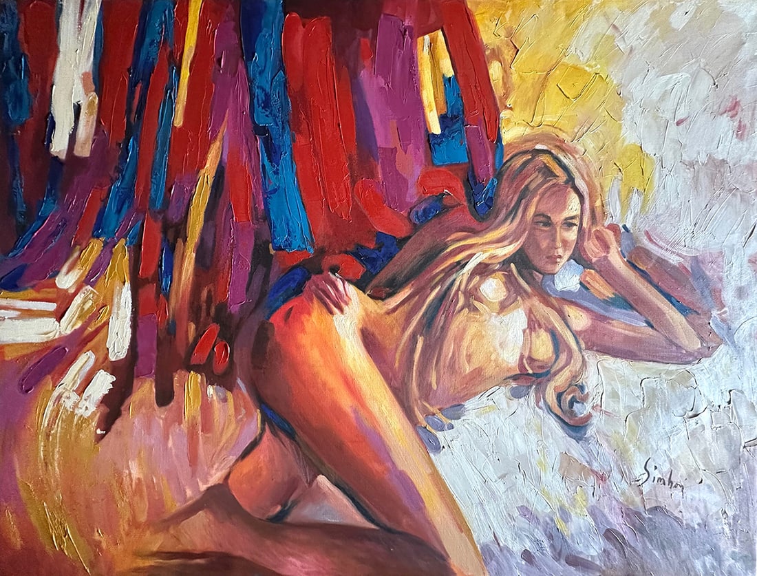 Monumental Nicola Simbari Nude Oil on Canvas Mira 39 x 51 inches: Nicola Simbari (1927 - 2012). Mira. Oil on Canvas. Signed lower right, titled on reverse. Canvas Size 39 x 51 inches. Framed dimensions approximately 45 x 57 inches. This piece has been professionally