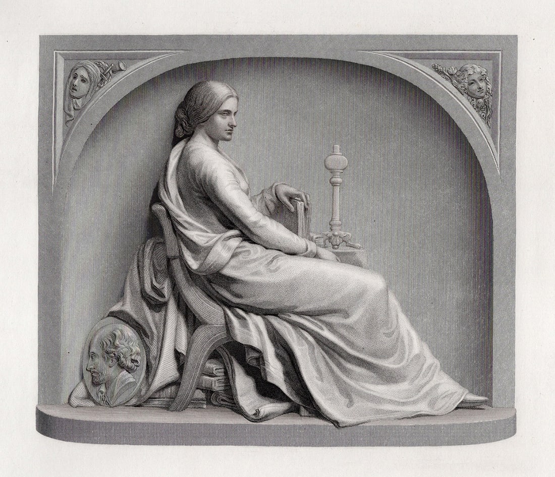1800s John Henry Foley Antique Engraving HELEN FAUCIT Framed: John Henry Foley RA (Irish, 1818 - 1874). Helen Faucit. Antique engraving on wove paper after the original sculptor by master engraver Joseph Brown (British, 1809-1887). Year: 1858. Image Size 6 1/4 x