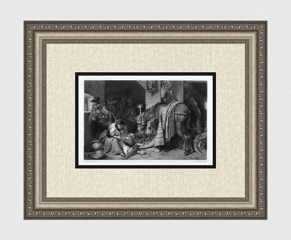 JOHN PHILLIP 1800s Antique Engraving "Wounded Contrabandista" SIGNED Framed (1 of 4)
