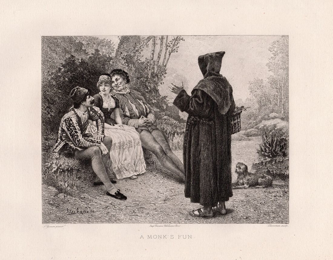Etienne Barthelemy Garnier 1891 etching A Monk's Fun signed (1 of 2)