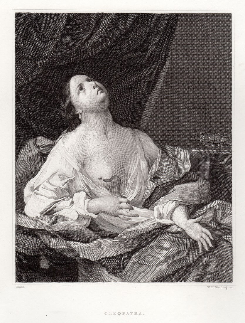 1834 Guido Reni Cleopatra engraving signed: Guido Reni. (Italian, 1575-1642). Cleopatra. Antique Steel engraving on wove paper after the original painting by Master Engraver William Henry Worthington (1795-1839). 1834. Signed in the plate. Exce