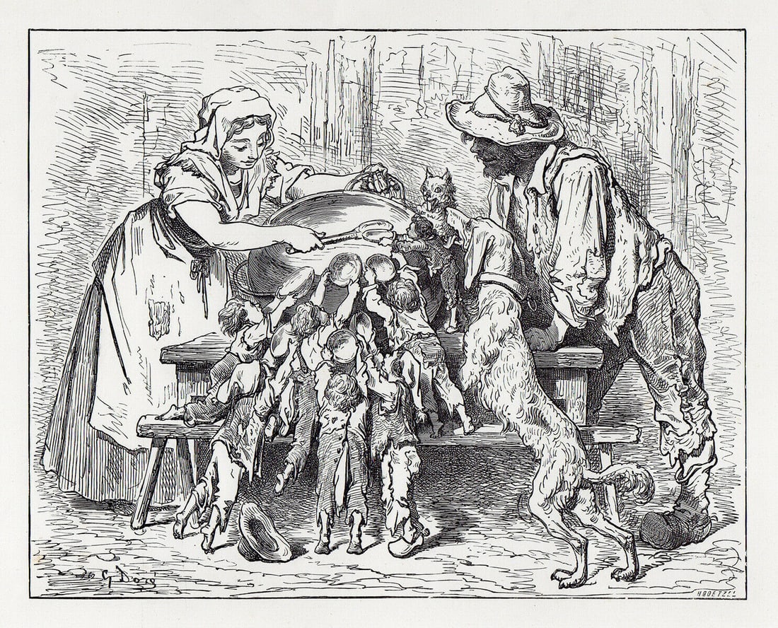 Gustave Dore Little Tom Thumb V 1880 Wood Engraving Signed: Gustave Dore. Little Tom Thumb V. Antique Wood Engraving on thick wove paper after the original by master wood engraver Ernest Boetzel (French, born in 1830). 1880. Signed in the plate. Image size 7 5
