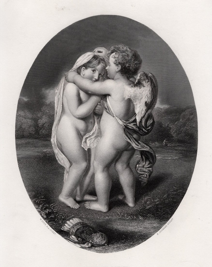 1800s William ETTY Engraving Cupid places the veil on Psyche SIGNED FRAMED: William Etty (English, 1787 - 1849). Cupid and Psyche. Antique engraving on wove paper after the original by master engraver Ferdinand Joubert (English, 1810-1884). Signed in the plate. Year: 1863. Im