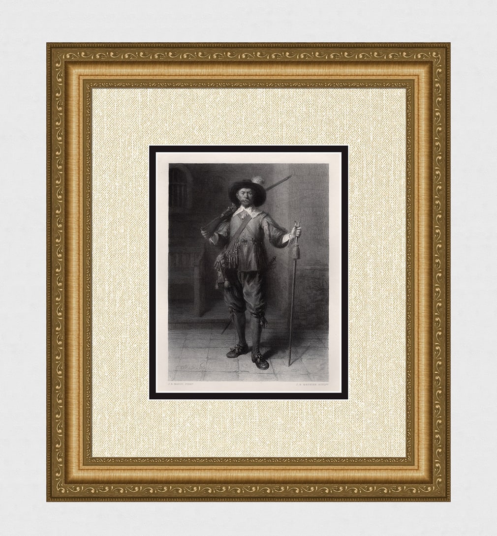 1800s Jean-Baptiste Madou Antique Engraving "The Arquebusier" Signed Framed: Jean-Baptiste Madou (Belgian 1796 - 1877). The Arquebusier. Antique engraving on wove paper after the original by master engraver Jean Baptiste Meunier (Belgian, 1821-1900). Year: 1873. Signed in the