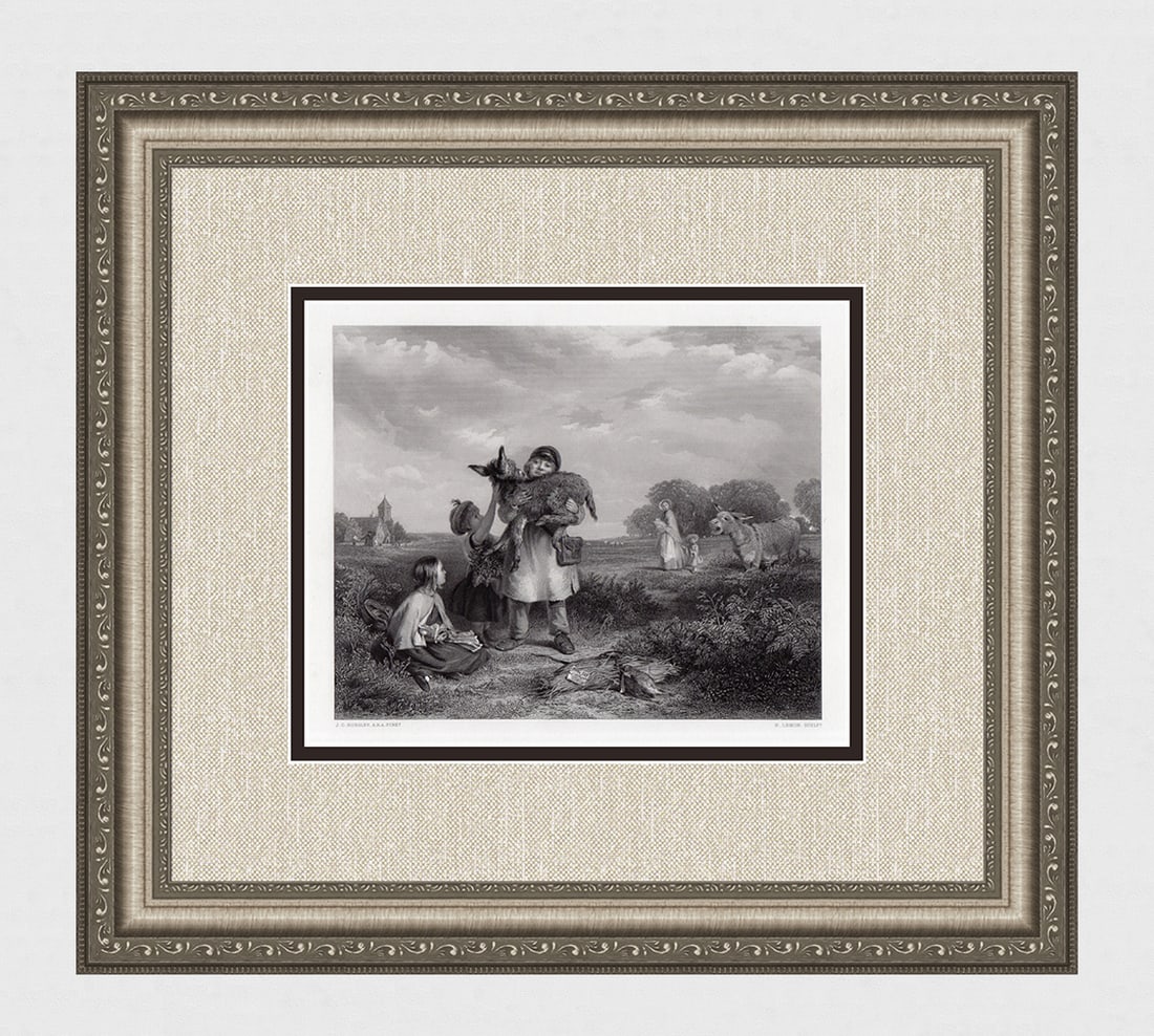 John Callcott Horsley 1800s Engraving Pet of the Common Framed Signed: John Callcott Horsley (English, 1817 - 1903). The Pet of the Common. Antique engraving on wove paper after the original painting by master engraver Henry Lemon (British, 1823-1882 after fl. 1855-82 ac