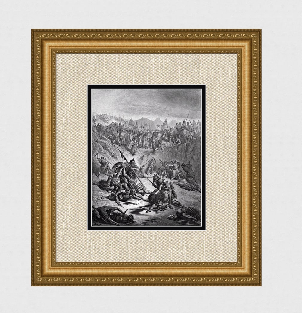 Gustave Dore 1800s Biblical Woodcut "Battle of Gibeon" FRAMED Signed: Gustave Dore (Paul Gustave Louis Christophe Dore) (French, 1832-1883. Combat Between Soldiers of Ish-Bosheth and David (From Dore's Bible). Antique woodcut wove paper after the original by a master wo