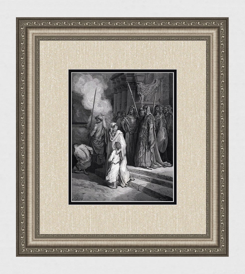 Religious 1800s Gustave DORE SIGNED Wood Engraving THE MOTHER'S COURAGE Framed: Gustave Dore (Paul Gustave Louis Christophe Dore) (French, 1832-1883). The Courage of a Mother (from Dore's Bible). Antique Wood Engraving wove paper after the original by a master wood engraver Jules