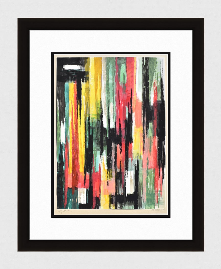 Mathis Original Gouache Mystery Framed Swiss: Josef Johann Mathis (Joe Mathis, 1913 - 2002; Swiss). Mystery ( Mysterium). Original Mixed Media Gouache on paper. Year: 1988. Hand signed and dated in pencil, lower right. Titled in pencil, lower lef