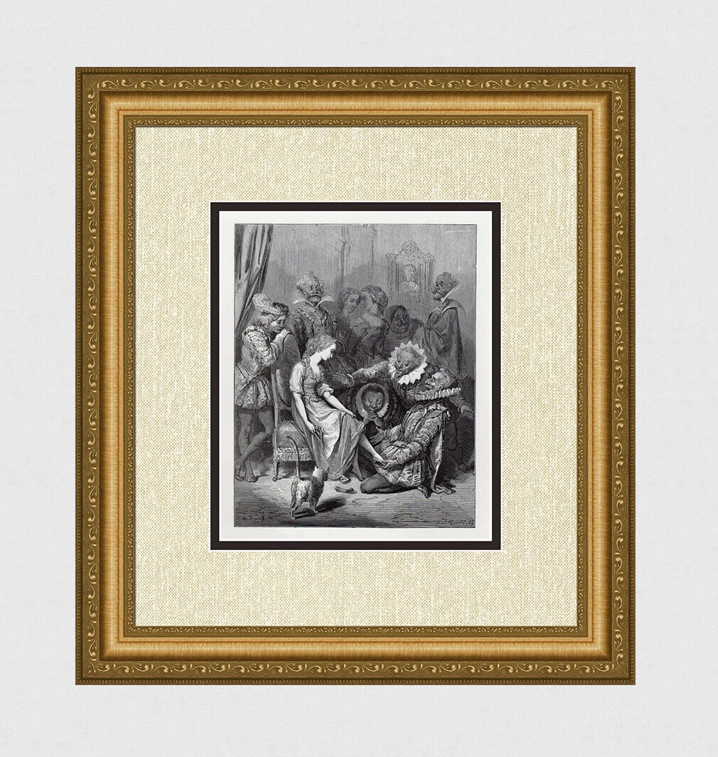 Gustave Dore Cinderella III 1880 Woodcut Signed: Gustave Dore. Cinderella III. Antique woodcut on thick wove paper after the original by master wood engraver Louis-Henri Breviere (French, 1797 - 1869). 1880. Signed in the plate. Image size 7 5/8 x 9