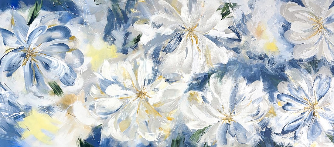 Kierra Maillette Original Painting Moonlit Petals 30 x 66 inches: Kierra Maillette (1997 - ). Moonlit Petals. Original Acrylic painting on canvas. Signed lower right. Canvas Size 30 x 66 inches. Kierra Maillette (1997 - ), born in Chicago, IL, has had a passion for 