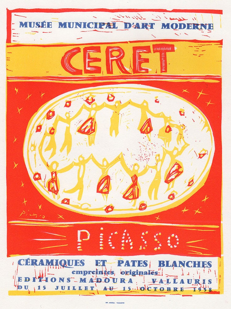 Pablo Picasso Picasso lithograph signed: Pablo Picasso. (1881-1973). Picasso. Color Lithograph after the Original Poster. 1959. Signed in the plate. Excellent. Sauret. Atelier Mourlot. Image Size - 6 1/2 x 8 3/4 inches. Approximately 15 x 17