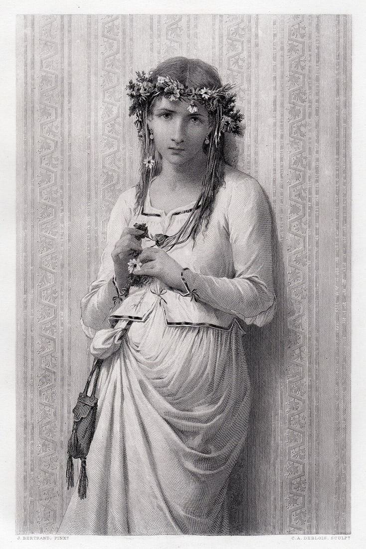 Jean-Baptiste Bertrand (French, 1823 - 1887) Ophelia 1876 engraving: Jean-Baptiste Bertrand (French, 1823 - 1887). Ophelia. Antique Steel Engraving on wove paper after the original by Master Engraver. 1876. Excellent. Image Size 6 7/8 x 11 inches. Approximately 16 x 20