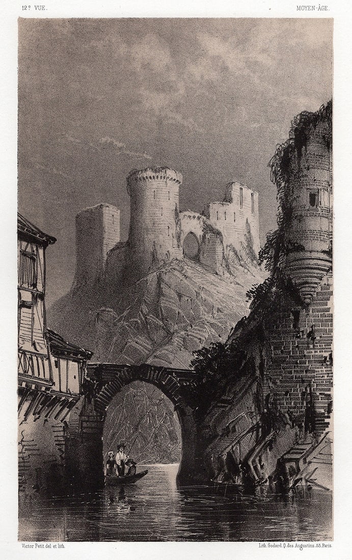 VICTOR PETIT 1800s Original Lithograph Chateau De Druyes Yonne Framed SIGNED: Victor Jean Baptiste Petit (French 1817-1871). Chateau De Druyes Yonne (Druyes Castle Yonne). Original tinted lithograph on strong vellum paper. Year: 1860. Signed in the plate. Published by A Godard 