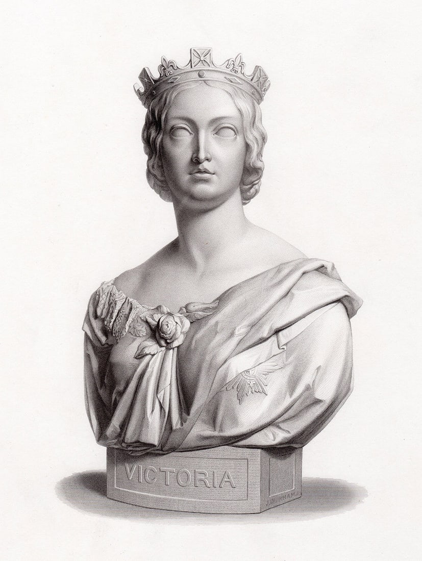 Joseph Durham Her Majesty the Queen 1857 engraving: Joseph Durham. (English,1814-1877). Her Majesty the Queen. Antique engraving on wove paper after the original marble bust by master engraver Richard Austin Artlett (English, 1807 - 1873). 1857. Excell