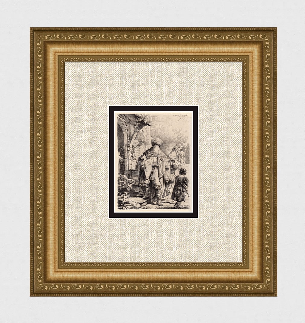 1800s REMBRANDT B30 Etching SIGNED Abraham Casts out Hagar Durand: After Rembrandt Harmenszoon Van Rijn (1606-1669). Title: Abraham Casting out Hagar and Ishmael. Medium: Antique hand pulled copper plate etching on laid paper after the original by master etcher Amand