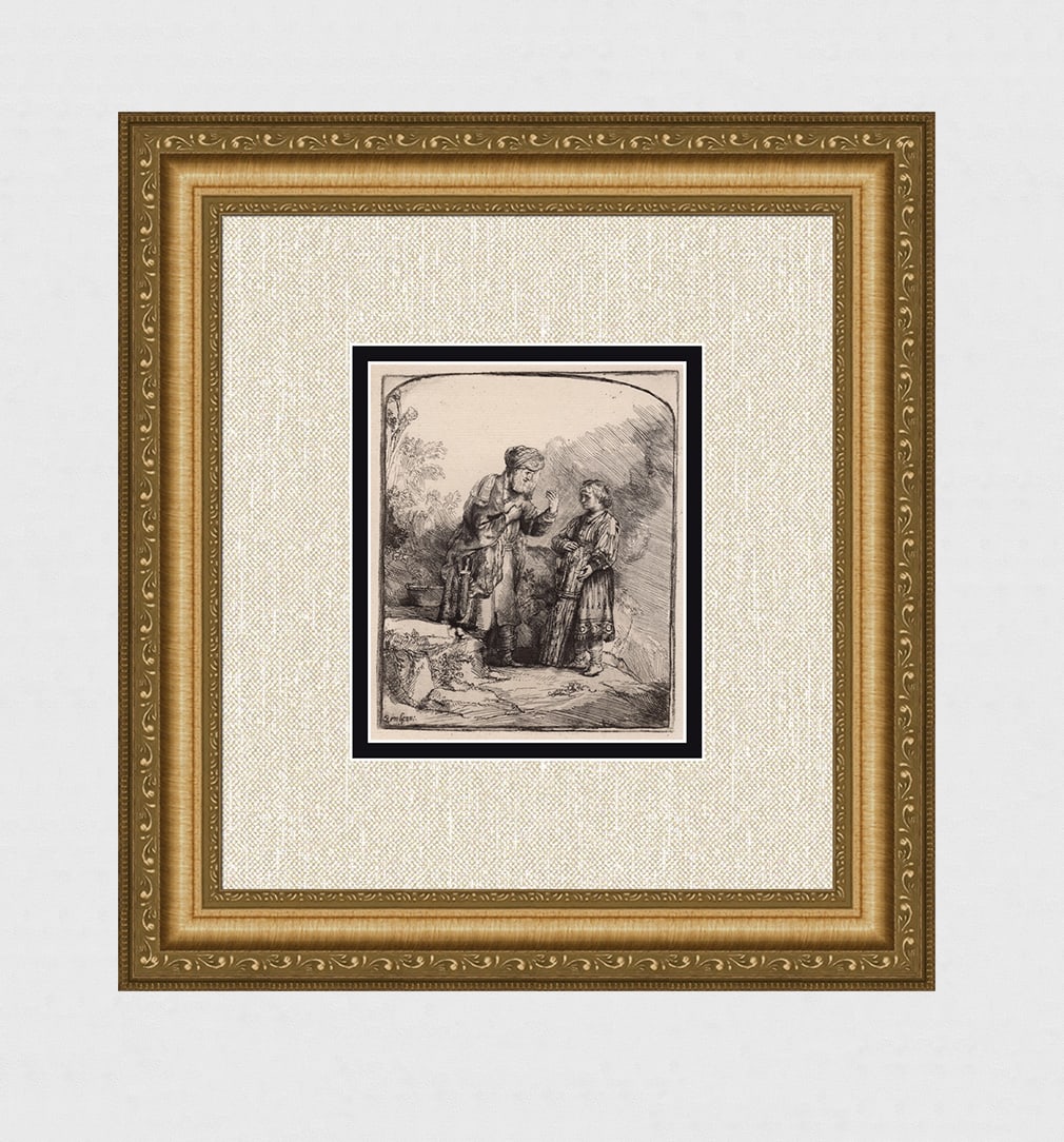 1800s REMBRANDT B34 Etching SIGNED Abraham and Isaac Durand: After Rembrandt Harmenszoon Van Rijn (1606-1669). Title: Abraham and Isaac. Medium: Antique hand pulled copper plate etching on laid paper after the original by master etcher Amand Durand (1831 - 1905