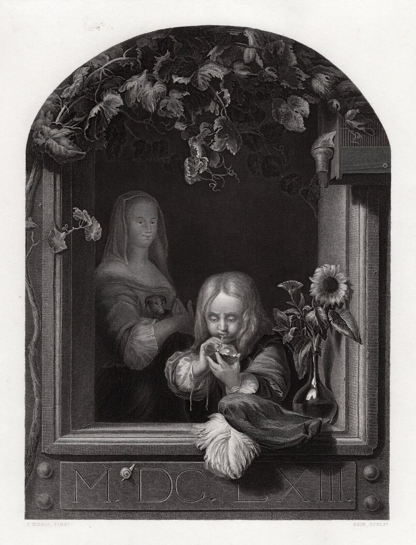 1800s FRANS VAN MIERIS Engraving BLOWING BUBBLES Framed SIGNED: Frans van Mieris, the elder (Dutch, 1635 - 1681). Blowing Bubbles. Antique engraving on wove paper after the original master engraver Jean Bein (French, 1789-1857).Signed in the plate. Year: 1857. Ima