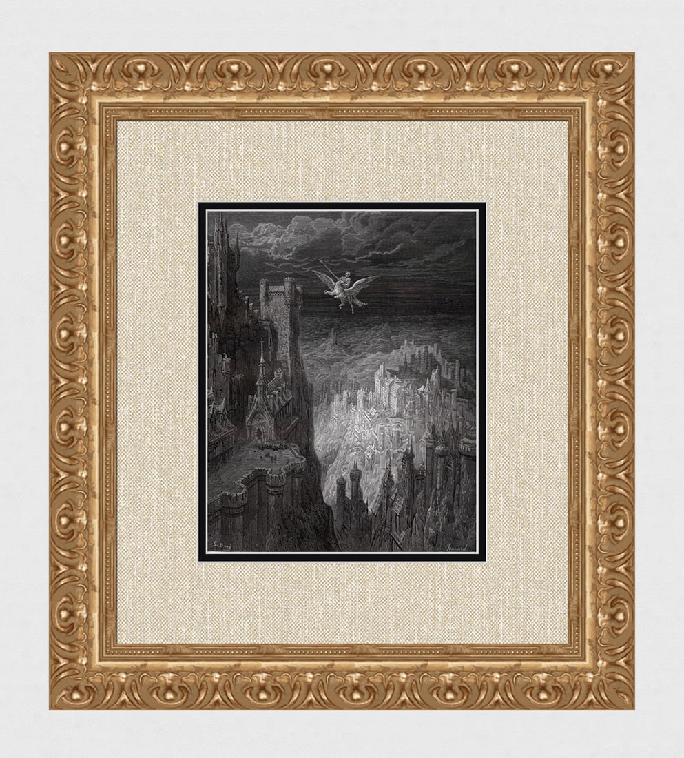 1800s Gustave DORE ORLANDO FURIOSO Woodcut Astolfo Travels Framed SIGNED: Gustave Dore (Paul Gustave Louis Christophe Dore )(French, 1832-1883). Astolfo Travels Over Many Lands on the Hippogriff ( From Orlando Furioso). Antique woodcut on wove paper after the original Illus