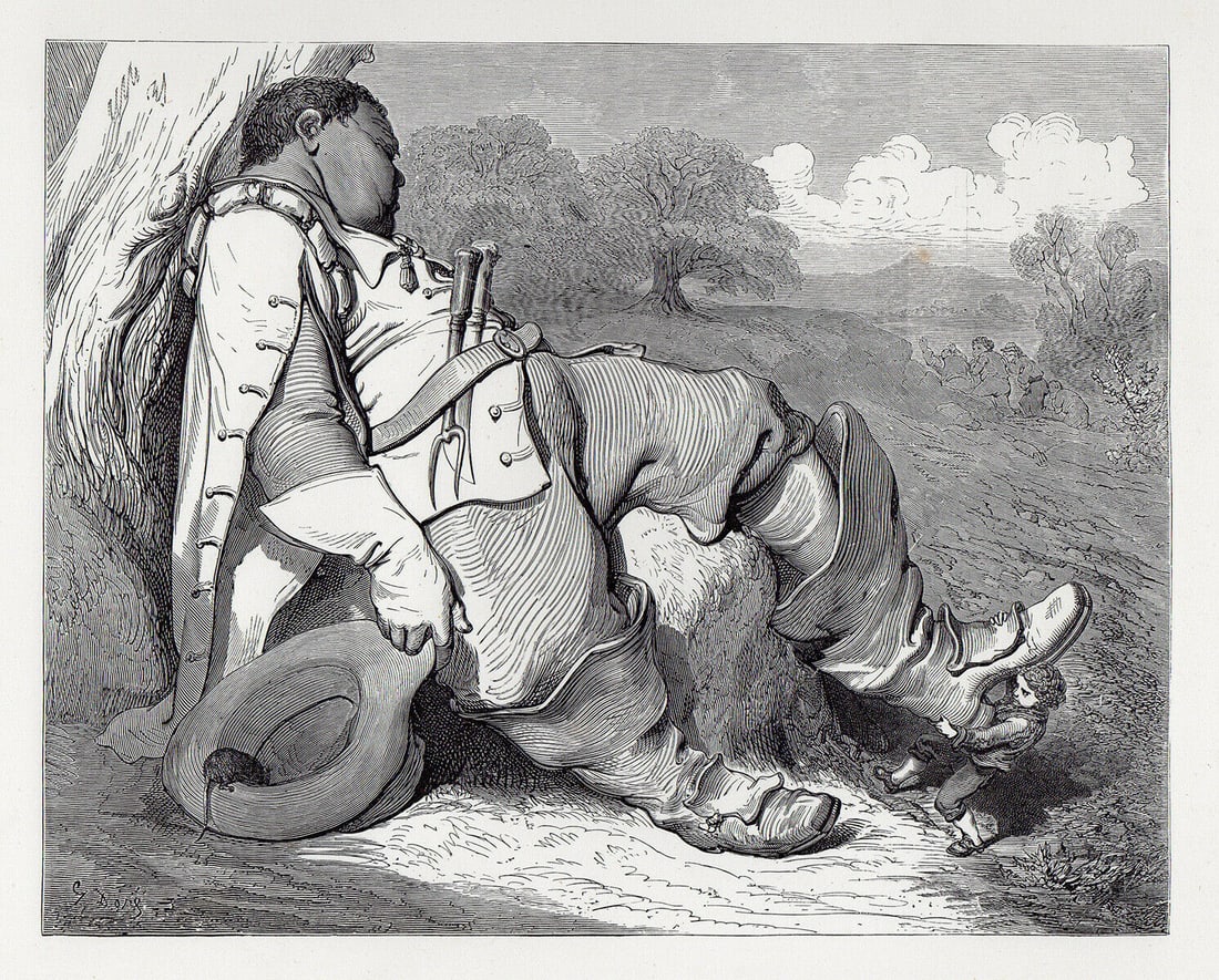 Gustave Dore Little Tom Thumb VIII 1880 Wood Engraving Signed: Gustave Dore. Little Tom Thumb VIII. Antique Wood Engraving on thick wove paper after the original by a Master wood engraver. 1880. Signed in the plate. Image size 7 1/2 x 9 3/8 inches. Framed dimensi