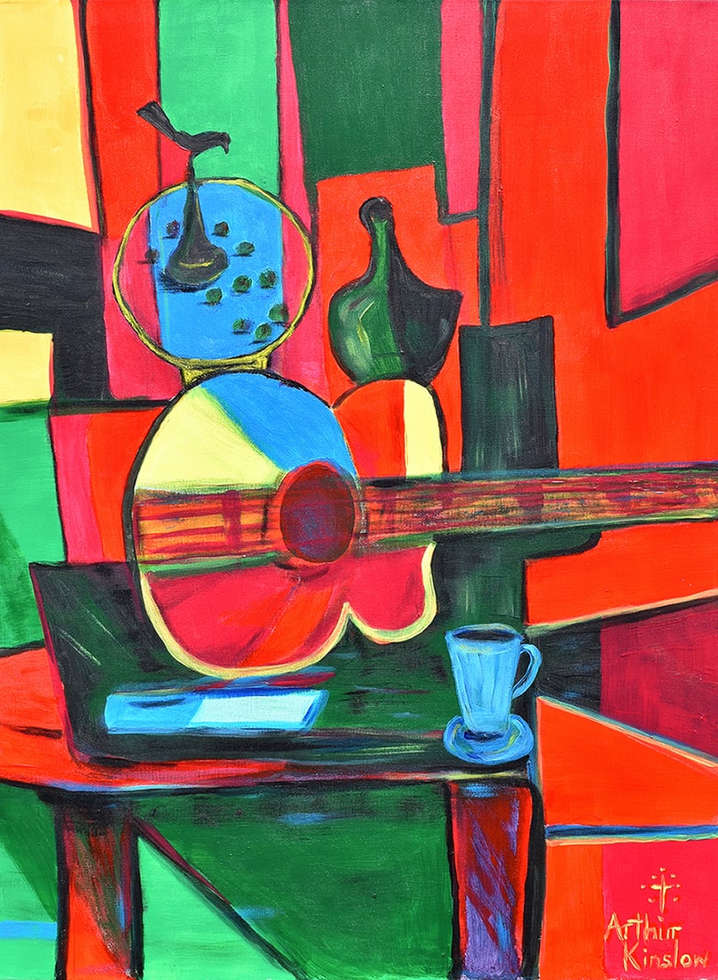 Arthur Kinslow Original Painting Still Life Guitar 30 x 40 Inches: Arthur Kinslow ( American, 1955 - ) Still Life with a Guitar III. Original Acrylic on Canvas.Signed by the artist lower center. Canvas Size 30 x 40 inches. Arthur Kinslow has been involved in art his 