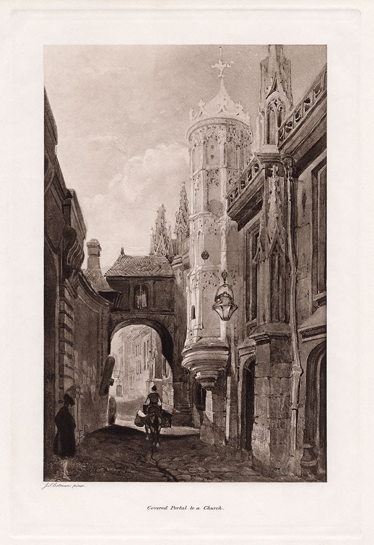 John Sell Cotman Covered Portal to a Church 1893 print: John Sell Cotman. (English, 1782-1842). Covered Portal to a Church. Antique Heliogravure on wove paper after the original by a Master Engraver. 1893. Signed in the Plate, lower left. Excellent. Image 