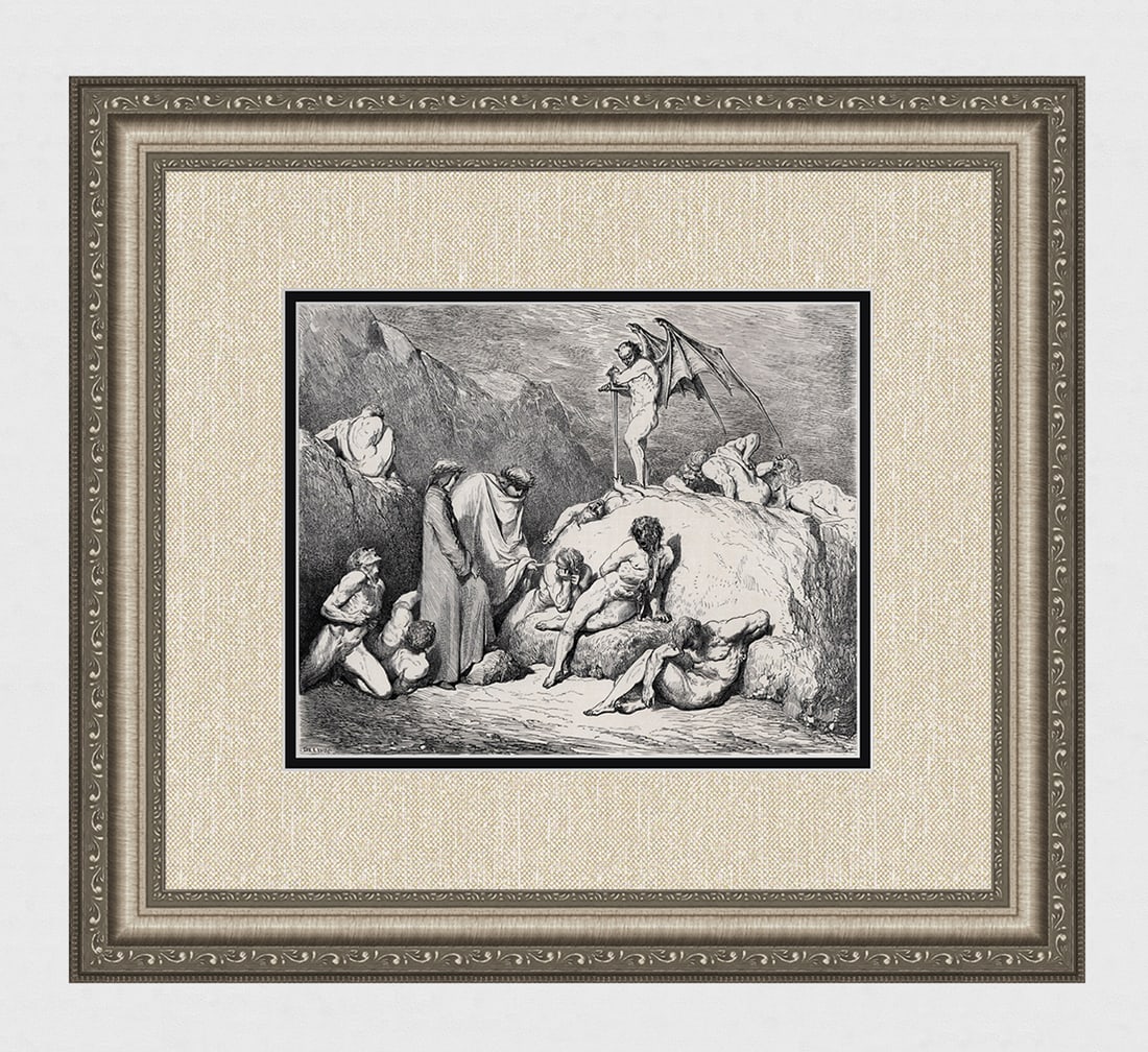 FRAMED 1800s Gustave Dore DIVINE COMEDY Woodcut Dante & Pier da Medicina SIGNED: Gustave Dore (Paul Gustave Louis Christophe Dore) (French, 1832-1883). Chant 28 Pier da Medicina (from Divine Comedy, Enferno). Antique woodcut wove paper after the original by a master wood engraver 