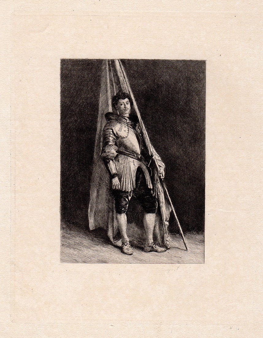 Ernest Meissonier Warrior 1878 etching: Jean-Louis Ernest Meissonier(French, 1815-1891). Warrior (Un homme de guerre) (A Man of War). Antique etching on laid paper after the original by master etcher L.F. Dupont. 1878. Excellent. Image 3 1/