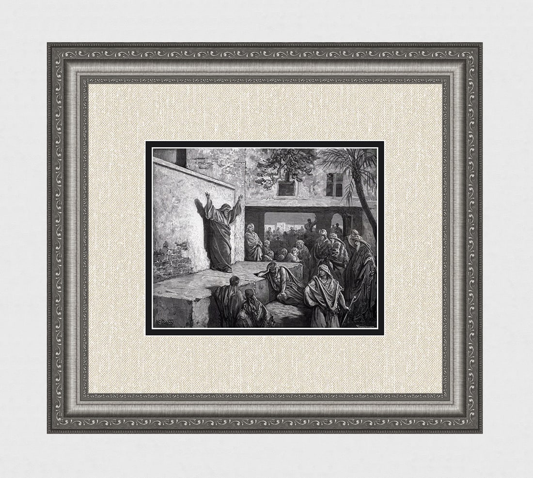 1800s GUSTAVE DORE'S BIBLE Wood Engraving Micah Exhorting the Israelites SIGNED FRAMED: Gustave Dore (Paul Gustave Louis Christophe Dore) (French, 1832-1883). Micah Exhorting the Israelites (From Dore's Bible). Antique Wood Engraving wove paper after the original by a master wood engrave