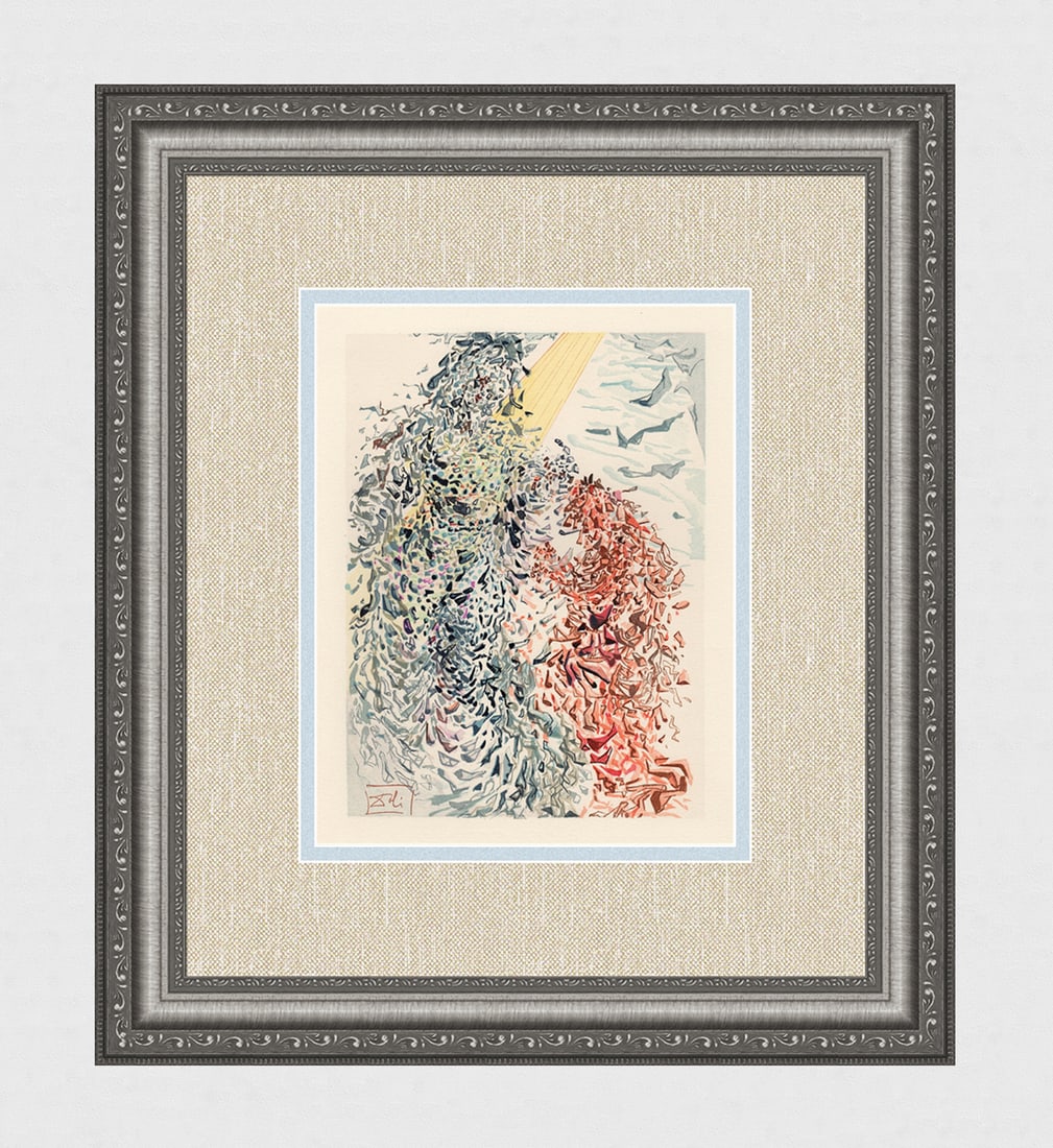 1960 Salvador Dali Opposition Authentic Woodcut Signed Framed: Salvador Dali. (1904-1989). "Opposition" Paradise Canto 11. Authentic Original Color Woodcut from The Divine Comedy Printed in 1960 on B.F.K. Rives Paper ( this is not a reproduction, copy, or reprint