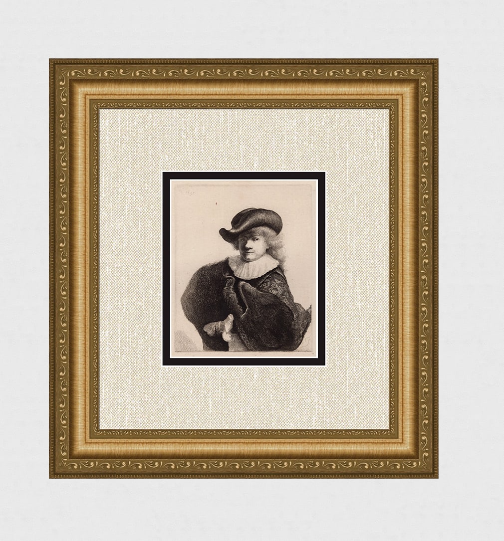 1800s REMBRANDT in Soft Hat Embroidered Cloak B7 Etching DURAND STAMPED: After Rembrandt Harmenszoon Van Rijn (1606-1669). Title: Self Portrait in a Soft hat and Embroidered Cloak. Medium: Antique hand pulled copper plate etching on laid paper after the original by master 