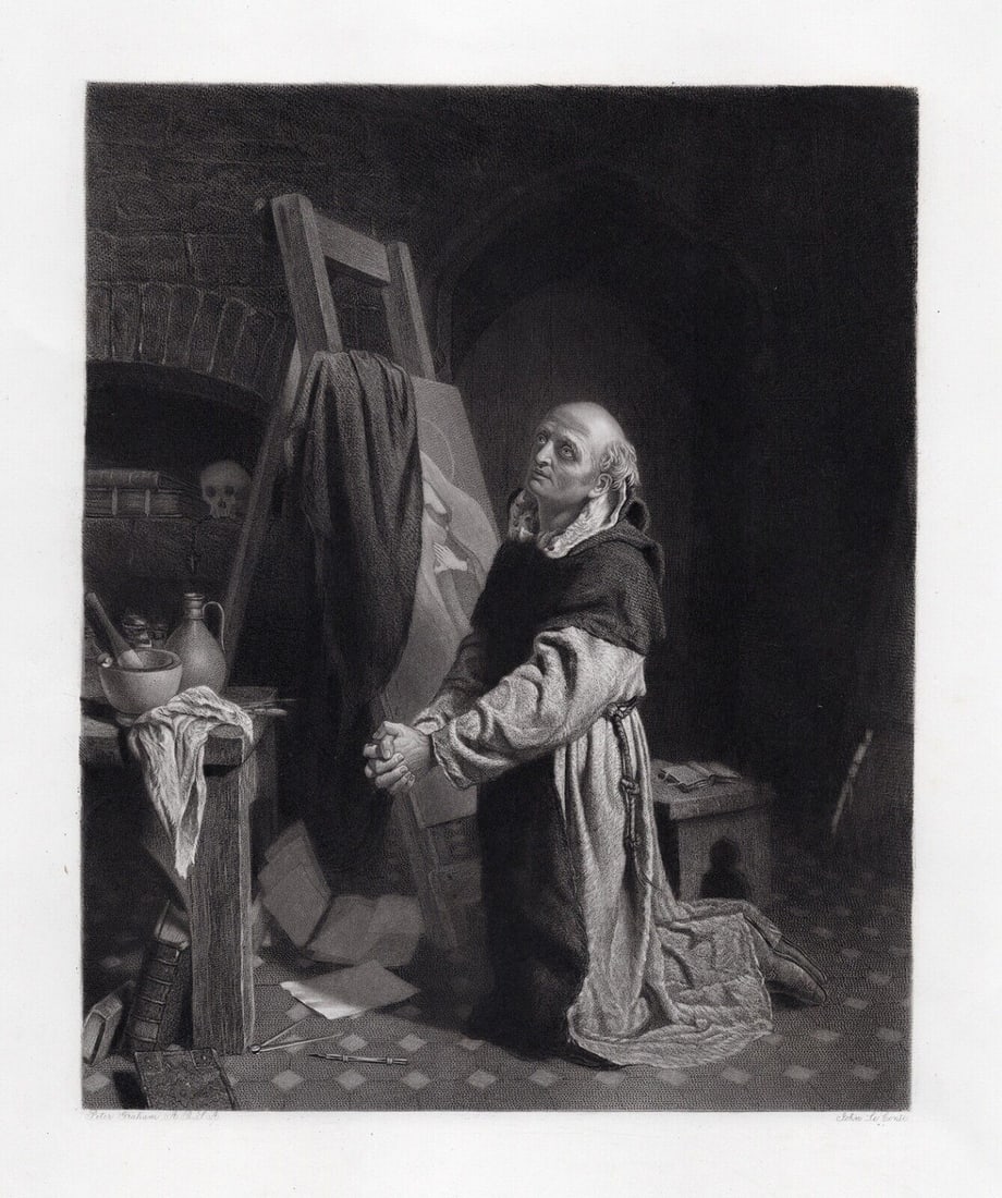 Peter Graham 1800s Antique Engraving FRA ANGELICO Signed Framed: Peter Graham (British, 1836-1921). Fra Angelico. Antique engraving on wove paper after the original master engraver by John Le Conte (British, 1816-1877). Year: 1863. Signed in the plate. Image Size 8