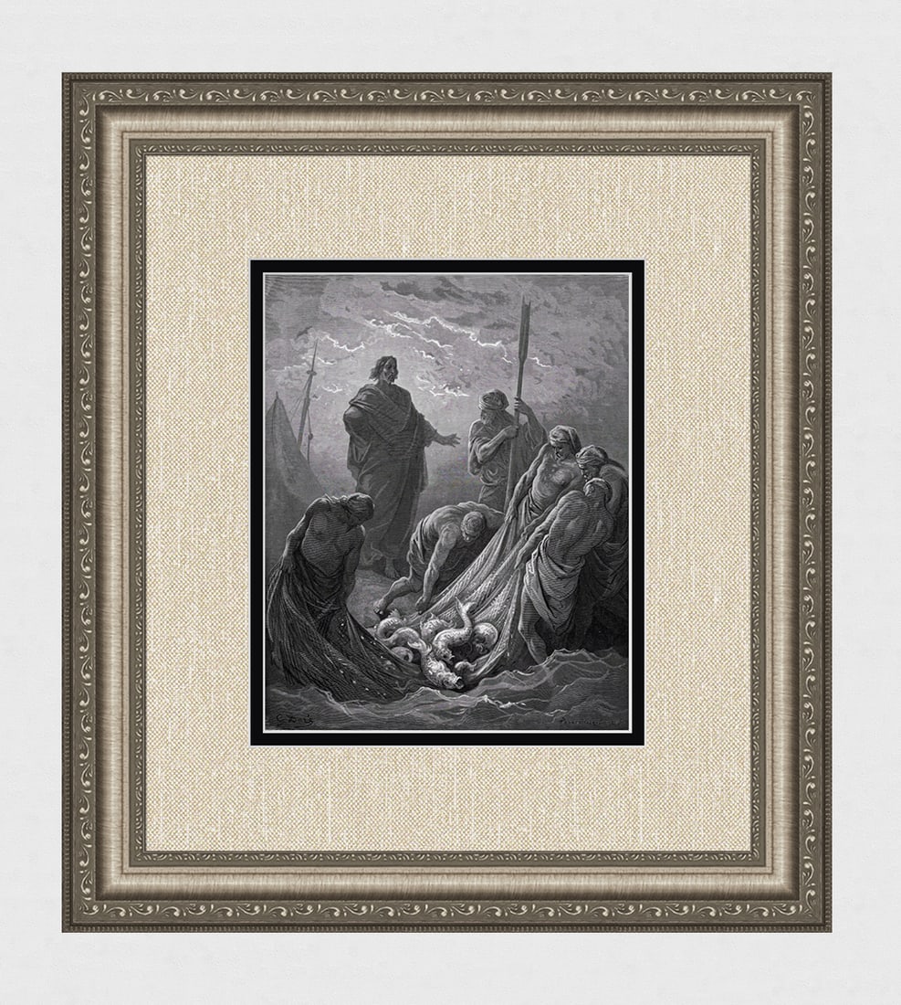 1800s Gustave DORE Biblical Woodcut Jesus at the Sea of Tiberias FRAMED Signed: Gustave Dore (Paul Gustave Louis Christophe Dore) (French, 1832-1883). The Miraculous Draught of Fishes (from Dore's Bible). Antique woodcut wove paper after the original by a master wood engravers Ad