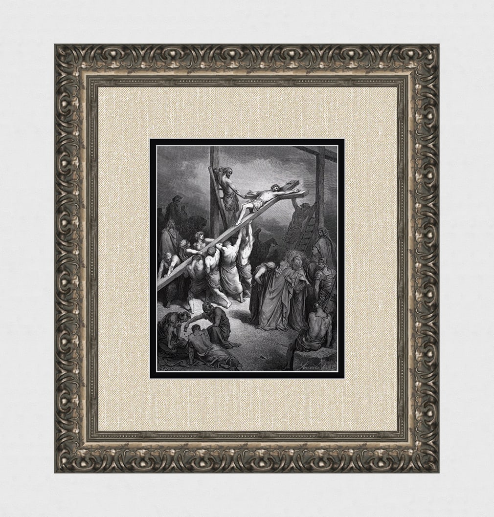 FRAMED 1800s Gustave Dore Religious Wood Engraving The Crucifixion SIGNED: Gustave Dore (Paul Gustave Louis Christophe Dore )(French, 1832-1883). The Erection of the Cross (Dore's Bible). Antique Wood Engraving on wove paper after the original drawing by master engraver Adol