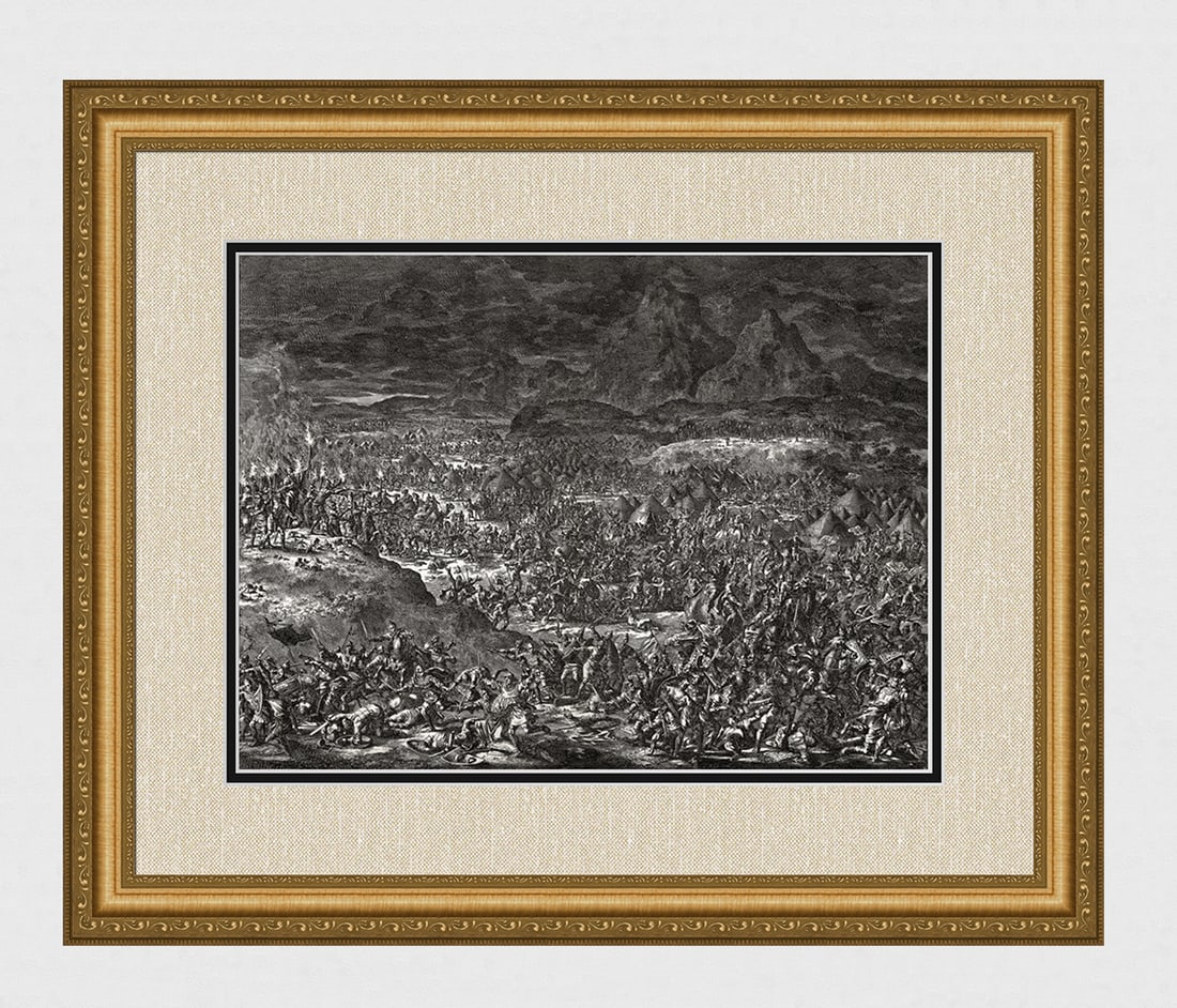 1747 Monumental Engraving Jan Luyken Gideon defeats the Midianites Framed: Jan Luyken (Dutch, 1649 - 1712). Gideon defeats the Midianites. Antique engraving on laid paper. Year: 1747. Publisher: Frans Houtteyn. Reference: Hollstein / Dutch and Flemish etchings, engravings an