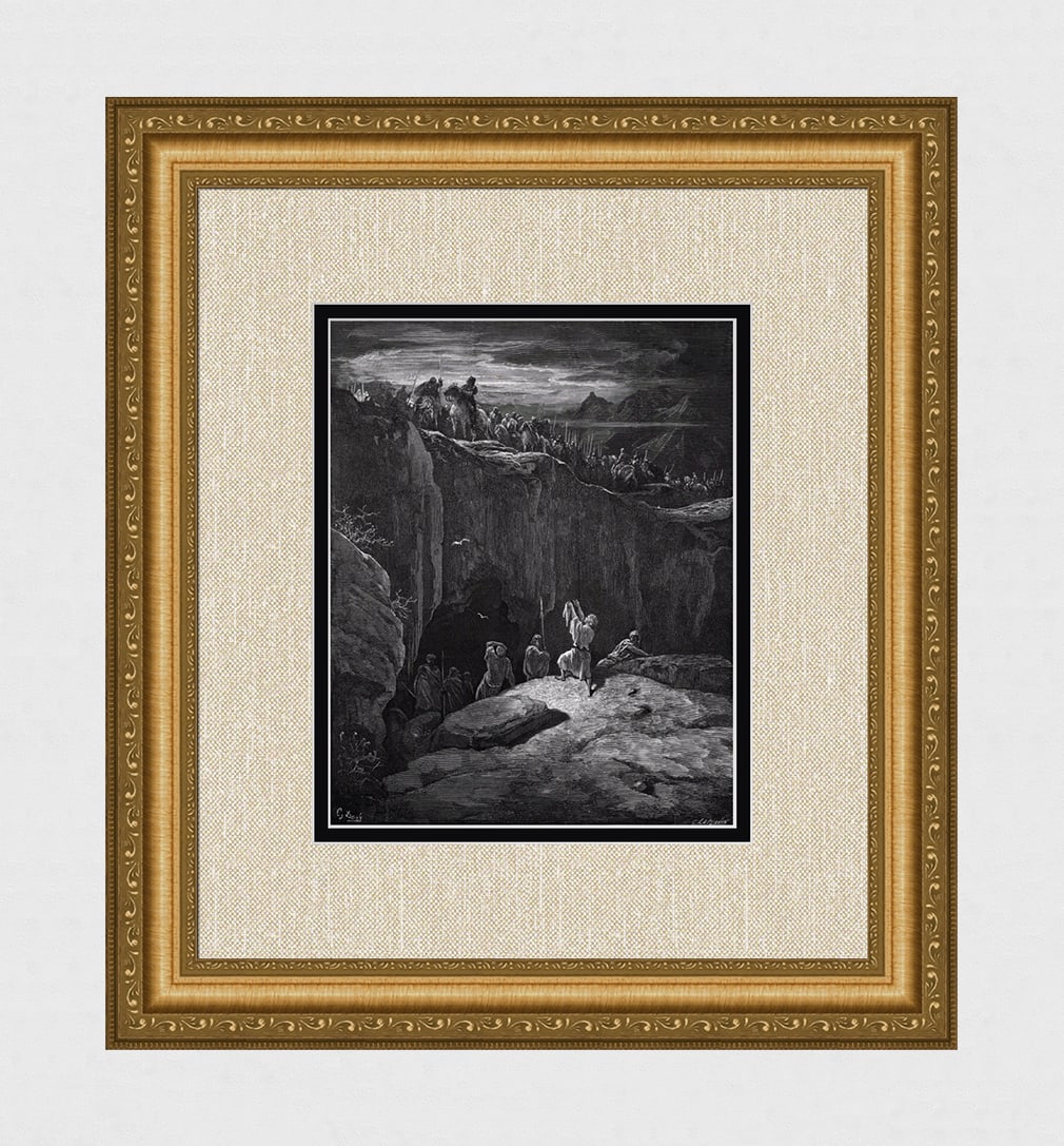 GUSTAVE DORE'S BIBLE 1800s Religious Wood Engraving David Spares Saul SIGNED FRAMED: Gustave Dore (Paul Gustave Louis Christophe Dore) (French, 1832-1883). David Showing Saul that He had Spared His Life (From Dore's Bible). Antique Wood Engraving wove paper after the original by a mas