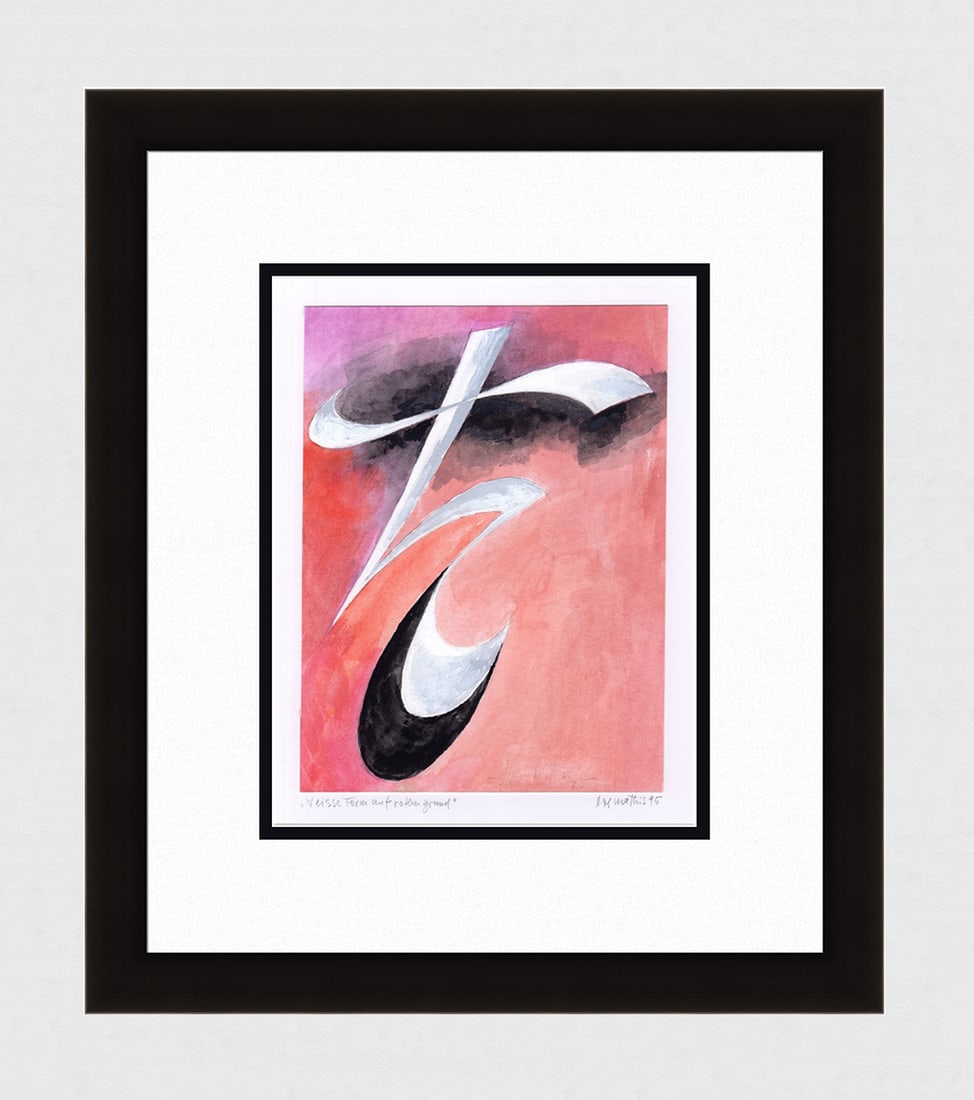 Mathis Original Gouache Language Simplified Framed Swiss: Josef Johann Mathis (Joe Mathis, 1913 - 2002; Swiss). White Shape on a Red Surface (Weisse Form auf rotem Grund). Original Mixed Media Gouache on paper. Year: 1995. Hand signed and dated in pencil, lo