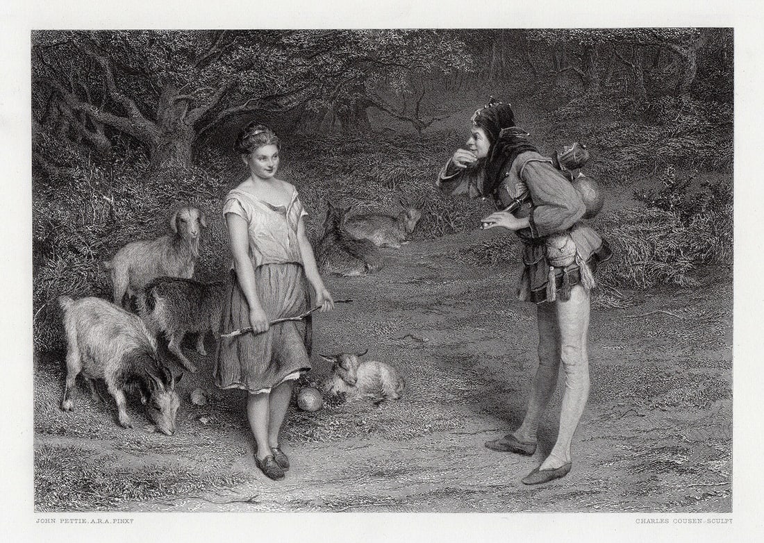 John Pettie Touchstone and Audrey 1872 engraving: John Pettie. (Scottish, 1839-1893). Touchstone and Audrey. Antique engraving on wove paper after the original by master engraver Charles Cousen (British, c. 1819 - 1889). 1872. Signed in the plate. Ex