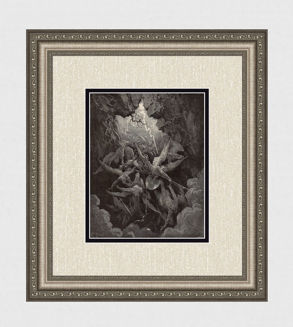 Gustave Dore War in Heaven (Milton's Paradise Lost) c. 1880 Woodcut Signed: Gustave Dore (Paul Gustave Louis Christophe Dore) (French, 1832-1883). Hell The War in Heaven (Milton's Paradise Lost). Antique woodcut wove paper after the original by master wood engraver Laurent Ho