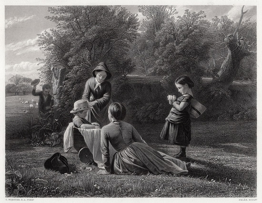 SIGNED 1800s THOMAS WEBSTER Engraving SPRING PLAYMATES Framed: Thomas Webster (English, 1800 - 1886). Spring. Antique engraving on wove paper after the original by master engraver Pierre Pelee (Swiss, 1801-1871). Year: 1866. Signed in the plate. Image size 7 7/8 
