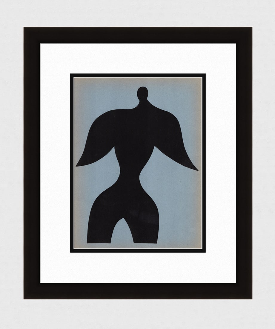 Jean Arp 1957 Pochoir "Homme " Framed: Jean Arp (1886 - 1966). "Homme (Man) ." Color Pochoir on wove paper. Year: 1957. Printed by Atelier Daniel Jacomet et Cie. Published in Paris by San Lazzaro. Sheet Size c. 9 1/2 x 12 3/8 inches. Frame