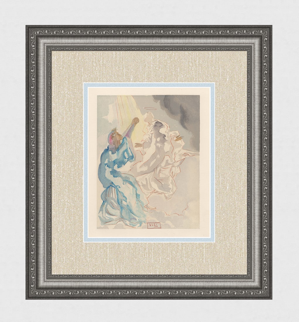1960 Salvador Dali New Beatrice Authentic Woodcut Signed Framed: Salvador Dali. (1904-1989). " New Image of Beatrice" Paradise Canto 5 . Authentic Original Color Woodcut from The Divine Comedy Printed in 1960 on B.F.K. Rives Paper ( this is not a reproduction, copy