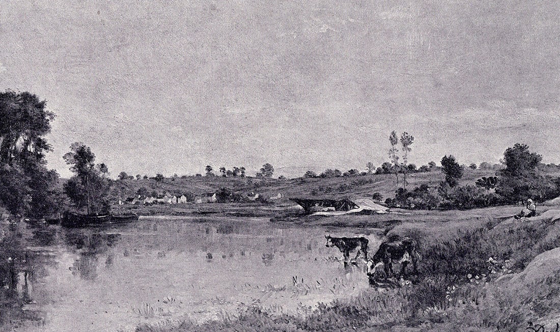 1800s Charles DAUBIGNY Antique Print A River Landscape FRAMED SIGNED: Charles-Francois Daubigny (French, 1817-1878). By the River. Antique heliogravure on wove paper after the original. Year: c. 1890. Signed in the plate, lower right. Image Size 5 3/4 x 10 3/8 inches.Fr