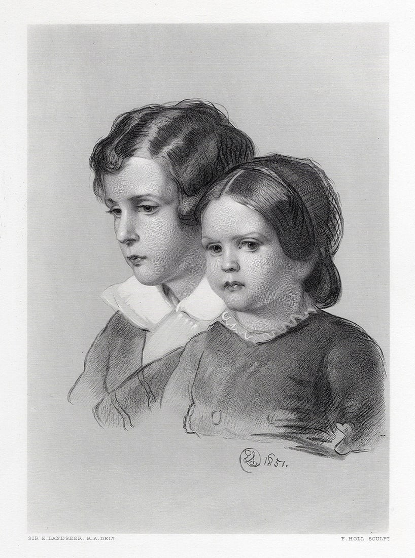 1800s EDWIN LANDSEER Engraving "Lad and Lassie" Framed Signed: Sir Henry Edward Landseer (English, 1802-1873). Lad and Lassie. Antique engraving on wove paper after the original by master engraver Francis Holl (British, 1815-1884). Year: 1877. Signed in the plate