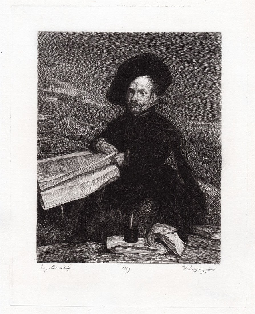 1873 Diego Velazquez A Dwarf etching signed: Diego Velazquez. (Velaquez) (Diego Rodriguez de Silva y Velazquez) (Spanish, baptized 1599-1660). A Dwarf. Antique etching on thick laid paper after the original oil on canvas by master etcher F. Lagu