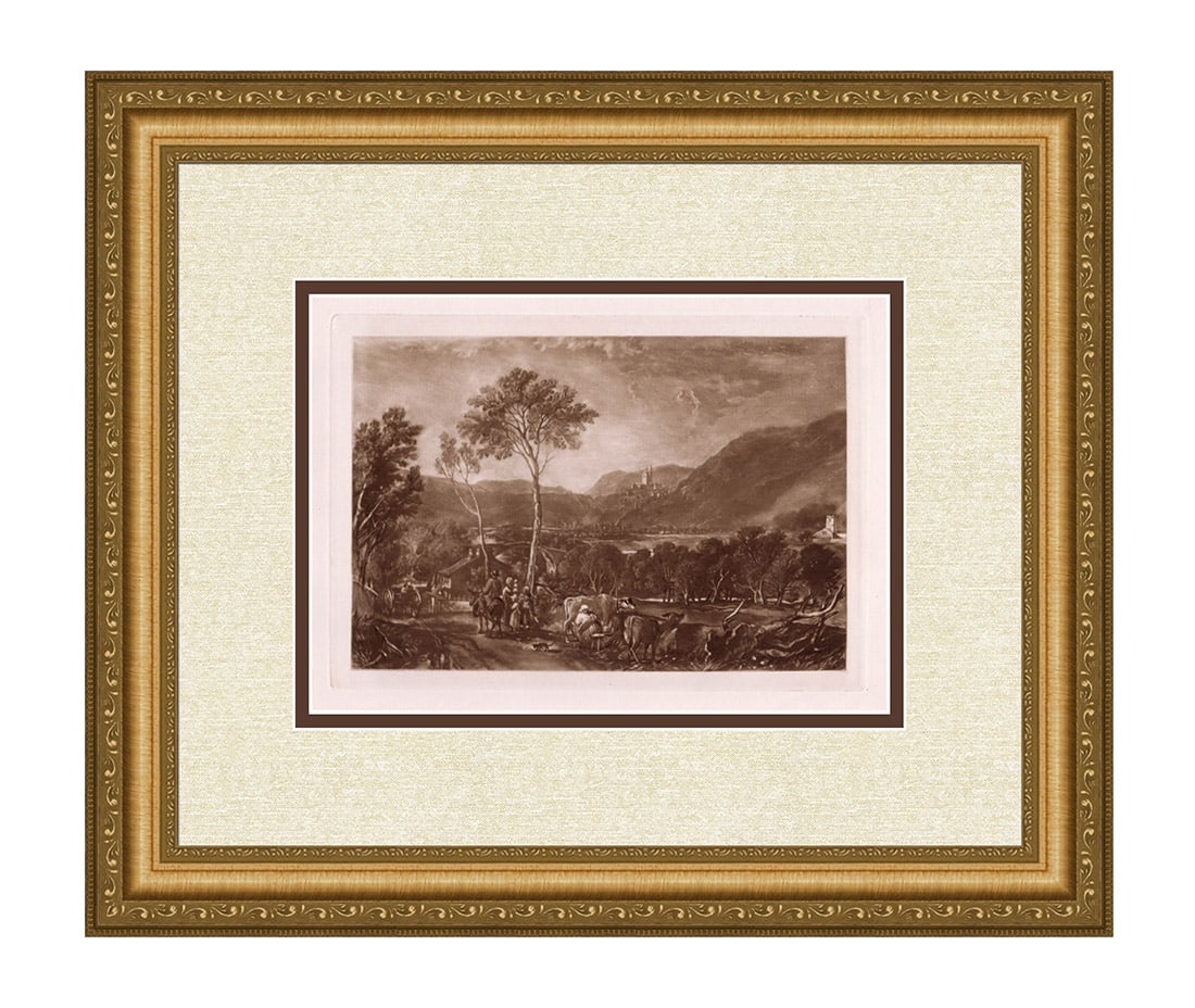 Joseph Mallord William Turner Hornby Castle engraving signed: Joseph Mallord William Turner. (English, 1775-1851). Hornby Castle. Antique Mezzotint Engraving on wove paper after the original watercolor on paper by master engraver S. Myers. 1887. Signed in the pl