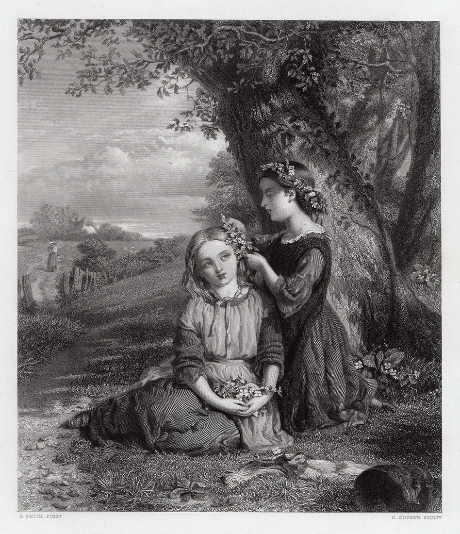 George Smith The Sisters 1867 Engraving Signed: George Smith. The Sisters. Antique engraving on wove paper after the original by master engraver Charles Cousen (British, c. 1819 - 1889). 1867. Signed in the plate. Image Size 8 x 9 1/2 inches. Frame