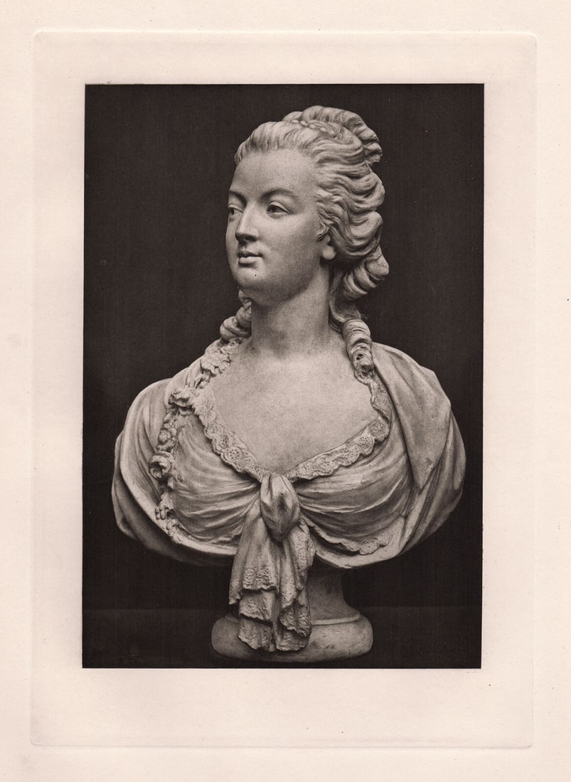 Marie Antoinette (after the Bust at South Kensington) 1887 Print: Marie Antoinette (after the Bust at South Kensington). Antique Heliogravure on wove paper after the original by a Master Engraver. 1887. Image Size 7 5/8 x 10 1/8 inches. Framed dimensions: Approximat